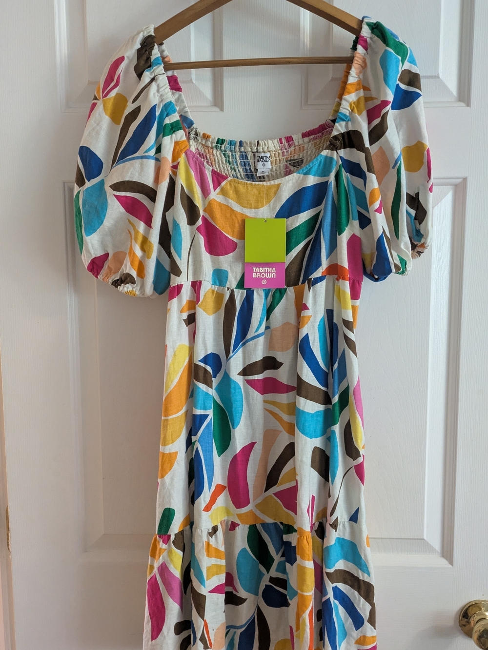 Tabitha Brown Multicolor Leaf Print Puff-Sleeve Midi Dress - White
